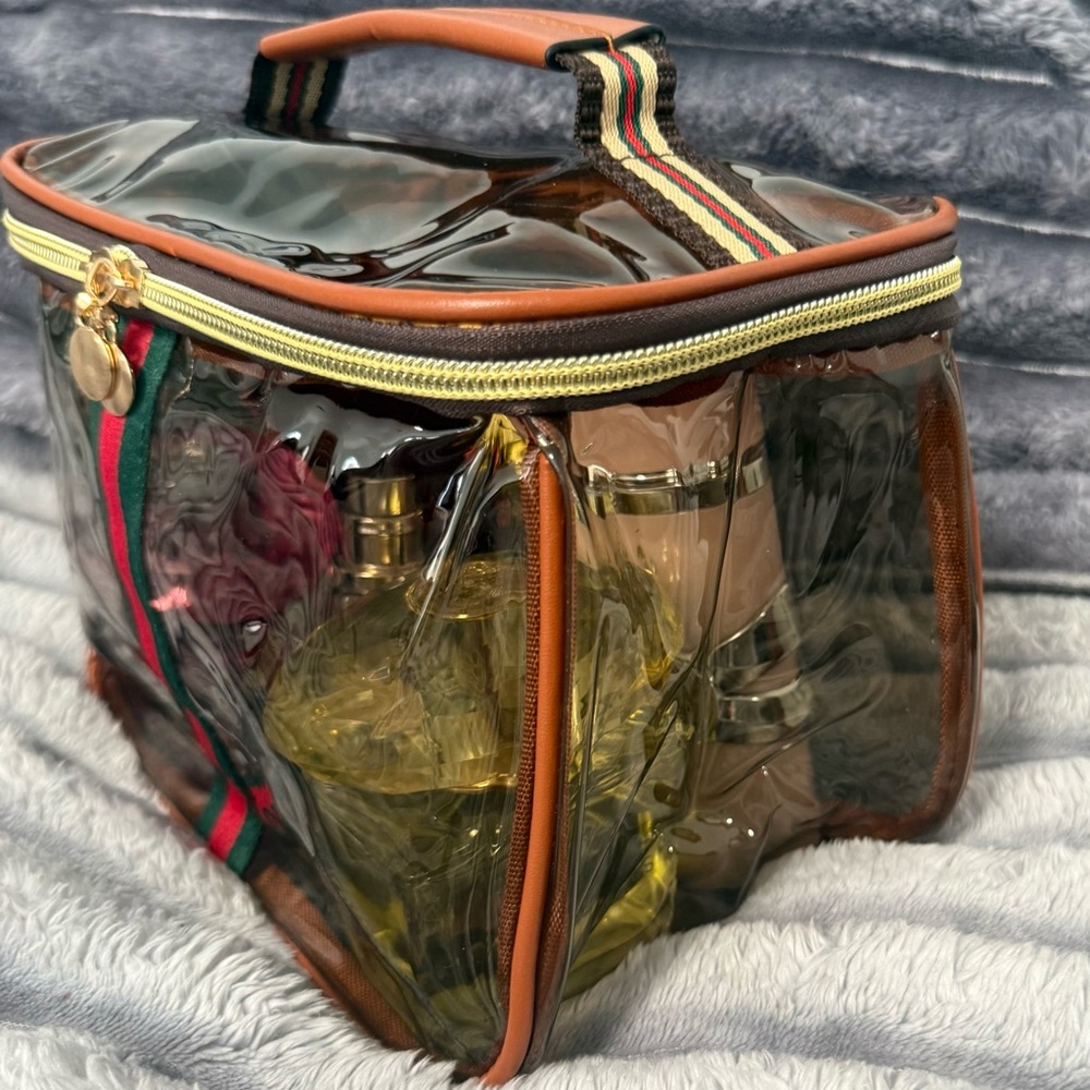NIB Clear Brown With Red & Green Trim Cosmetic Bag - Picture 3 of 9